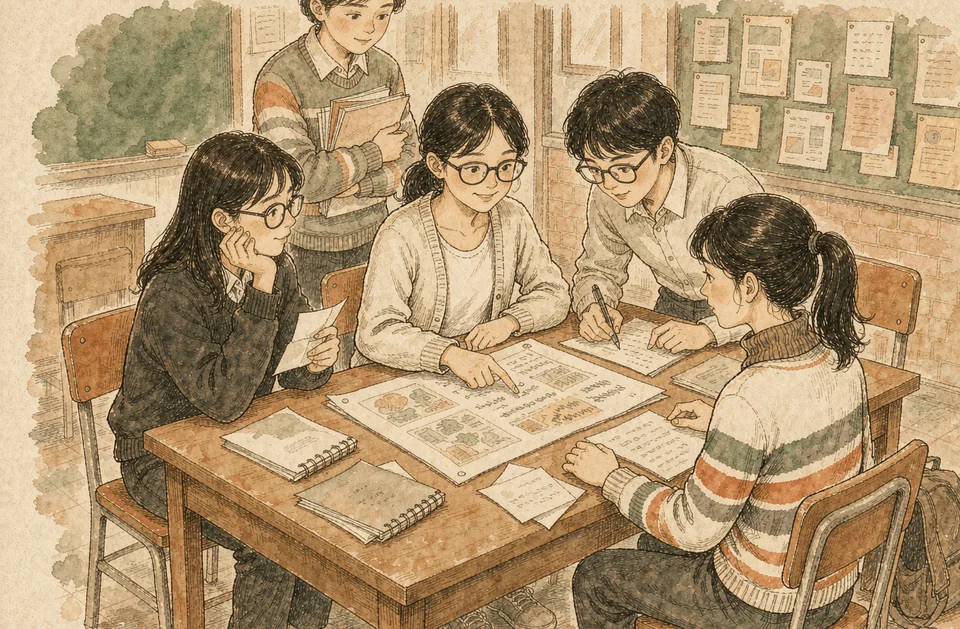 学校社团创办指南的封面插画:东亚学生在教室桌前讨论