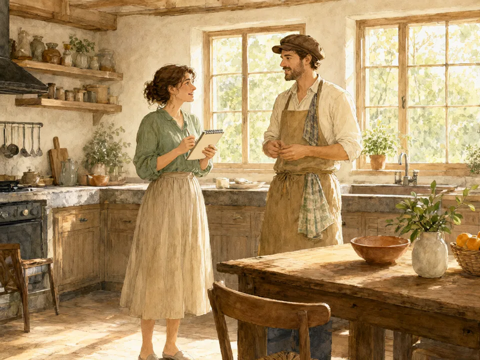 Two people talking in a kitchen, one holding a notepad