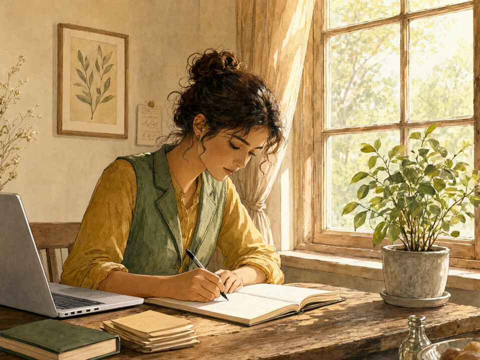 A student studying at a desk by a window with a notebook, index cards and a closed laptop