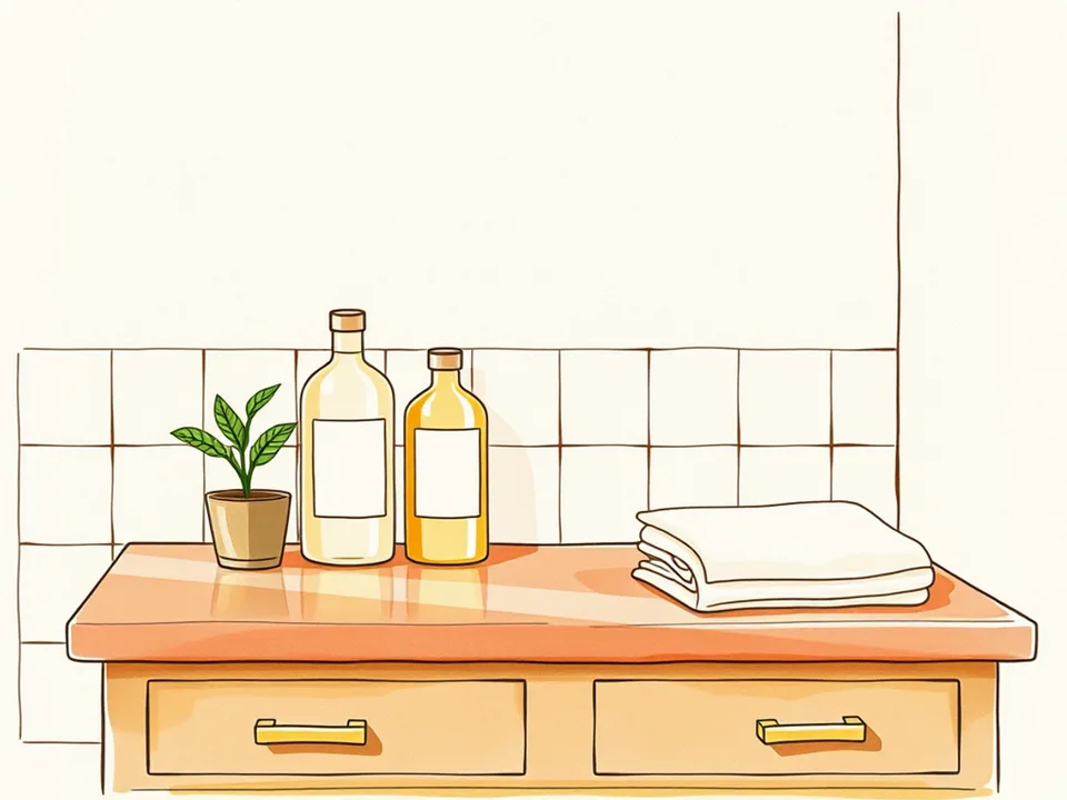 Three plain skincare bottles, a plant and a towel on a bathroom counter in morning light