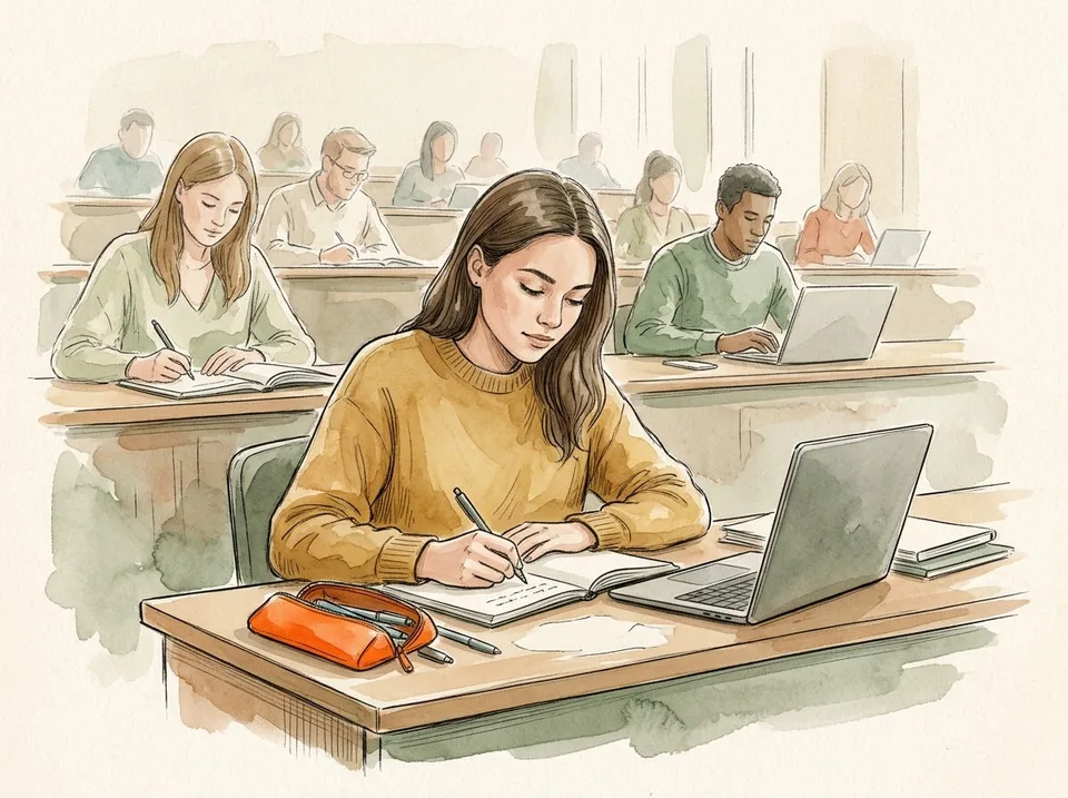 A student writing in a notebook at a lecture hall desk, a laptop closed beside her and a pen case open