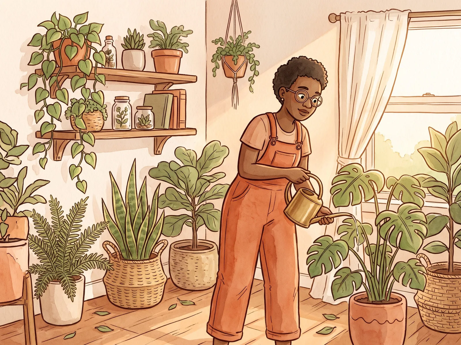 Watercolor illustration of a gardener watering a windowsill full of potted houseplants