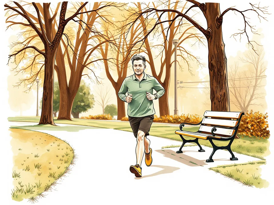 A person jogging slowly on a park path in early morning light, trees and a bench behind