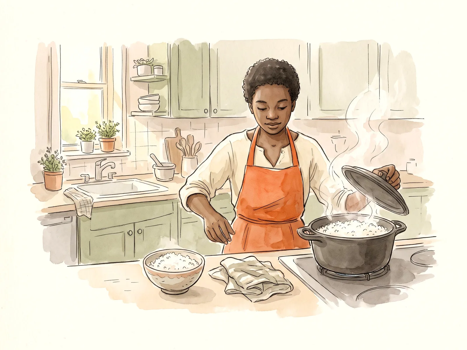 A cook lifting the lid from a steaming pot of rice in a sunlit kitchen