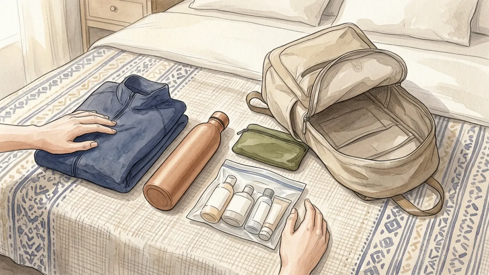 A small backpack open on a bed beside a neat row of travel items: a folded jacket, a water bottle, a pouch and a clear zip bag.