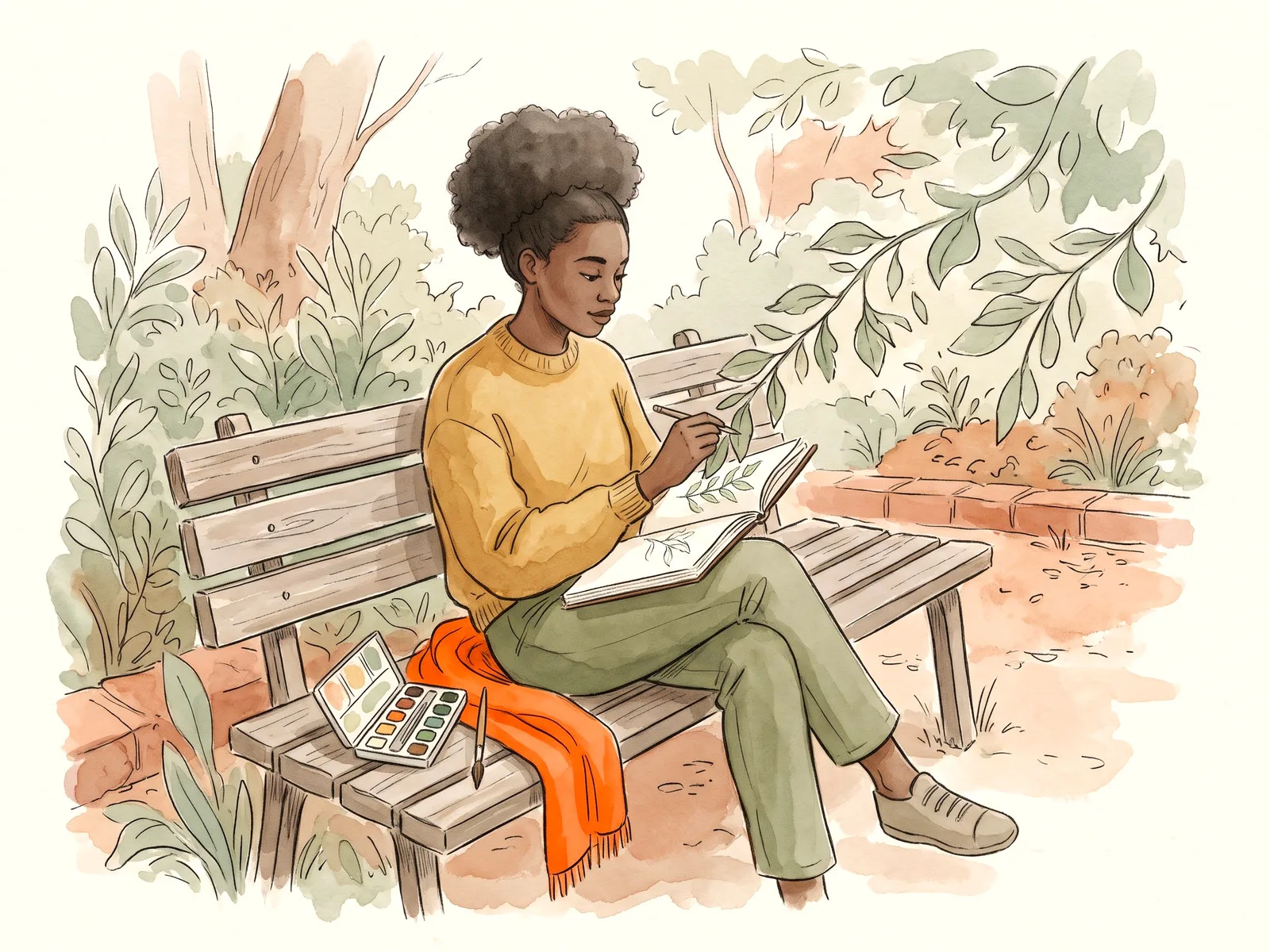 A woman sketching a leafy branch in a notebook on a park bench
