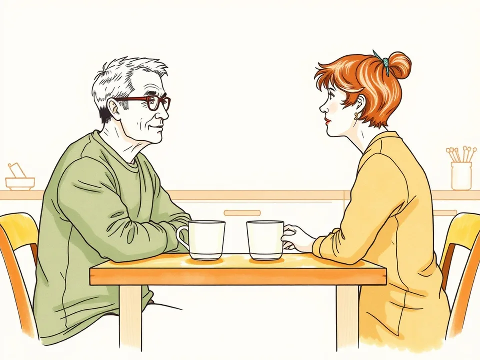 Two people sitting opposite each other at a kitchen table having a calm conversation