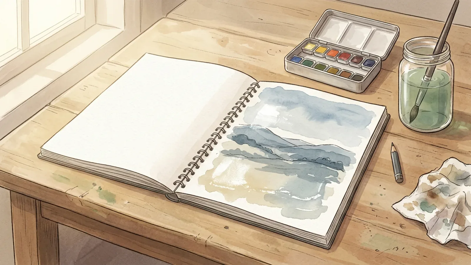 An open spiral-bound watercolor sketchbook on a wooden table beside a small tin of paints, a jar of greenish water and a pencil, a loose study of blue-grey hills still wet on the page.