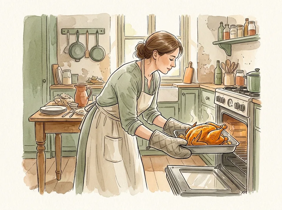 A golden roast chicken in a roasting tin on a wooden table, a woman in an apron lifting it out of the oven with mitts