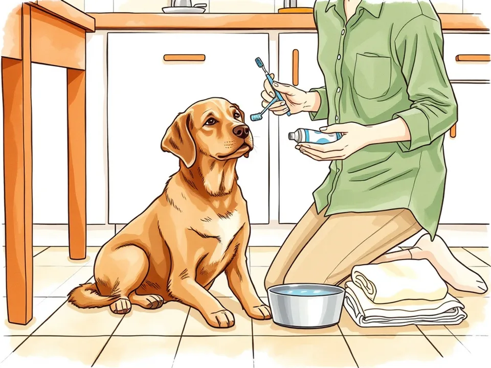 A person kneeling beside a calm brown dog holding a dog toothbrush and toothpaste