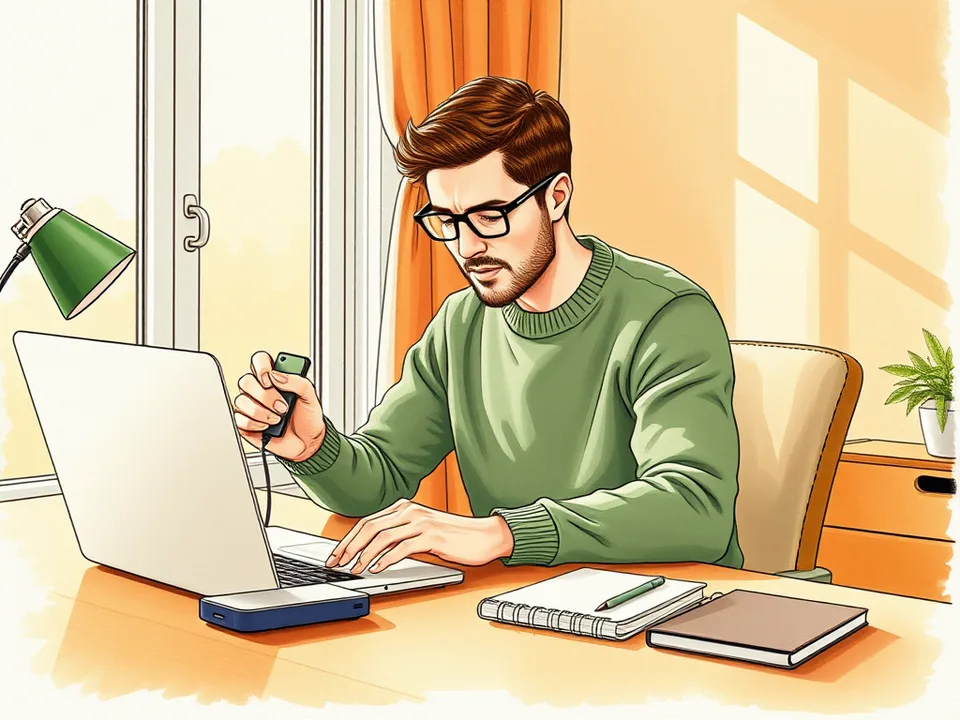 A man at a home desk plugging an external hard drive into a laptop, with a second drive and a notebook beside it