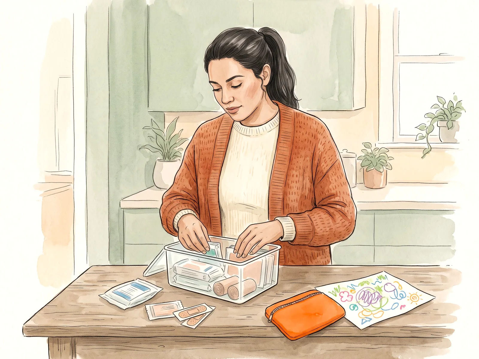 A woman organizing a clear first-aid box on a kitchen table with bandages and gauze