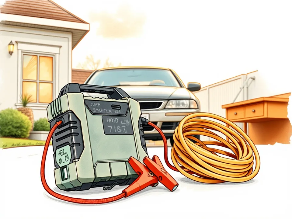 A jump starter pack and a coil of jumper cables on a driveway beside a car with its hood open
