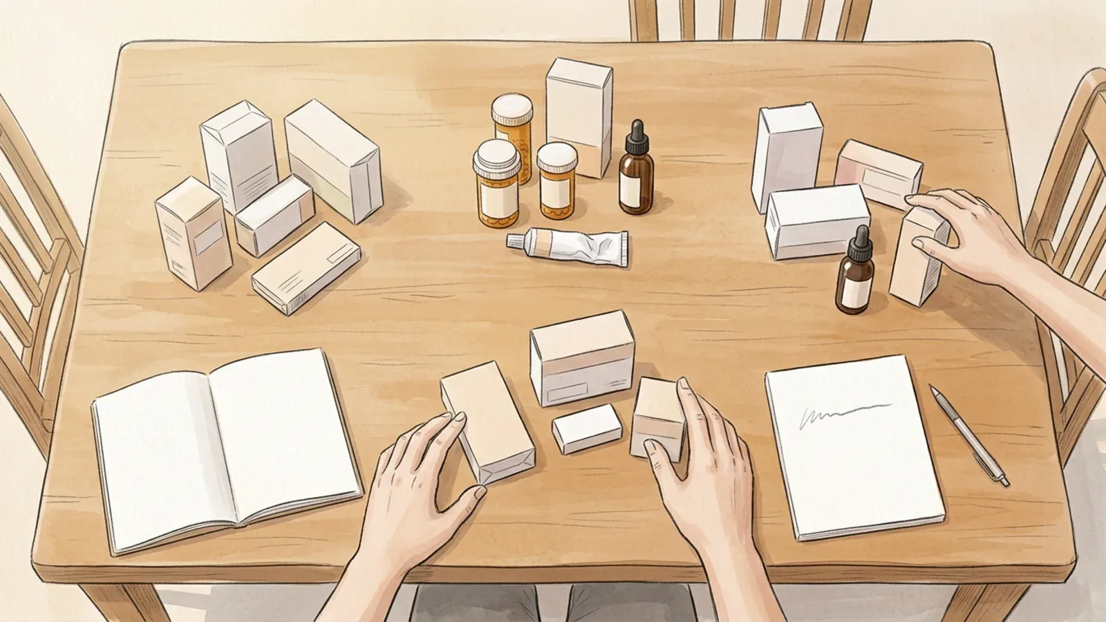 An overhead view of a kitchen table spread with plain medicine cartons, pill bottles and a tube in loose clusters, two hands moving one carton, with an open notebook and a pen at the edges.