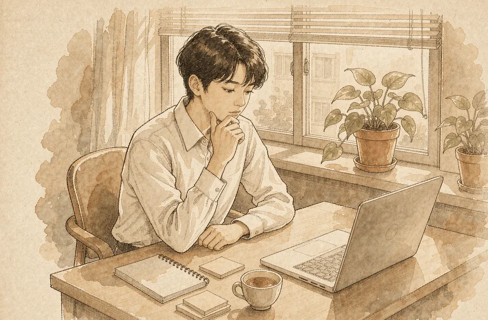 绩效面谈准备指南的封面插画:东亚上班族在木桌前摊开笔记本与笔记本电脑