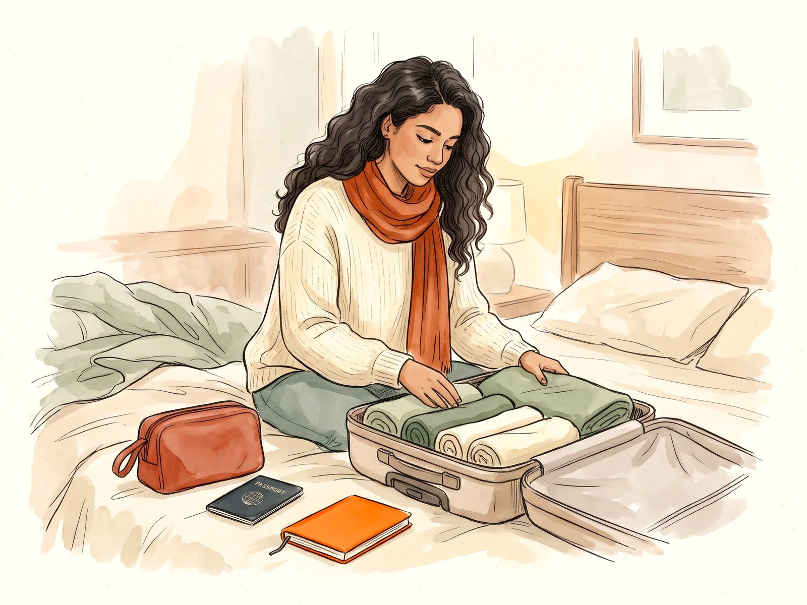 A traveler packing rolled clothes into a carry-on suitcase on a bed